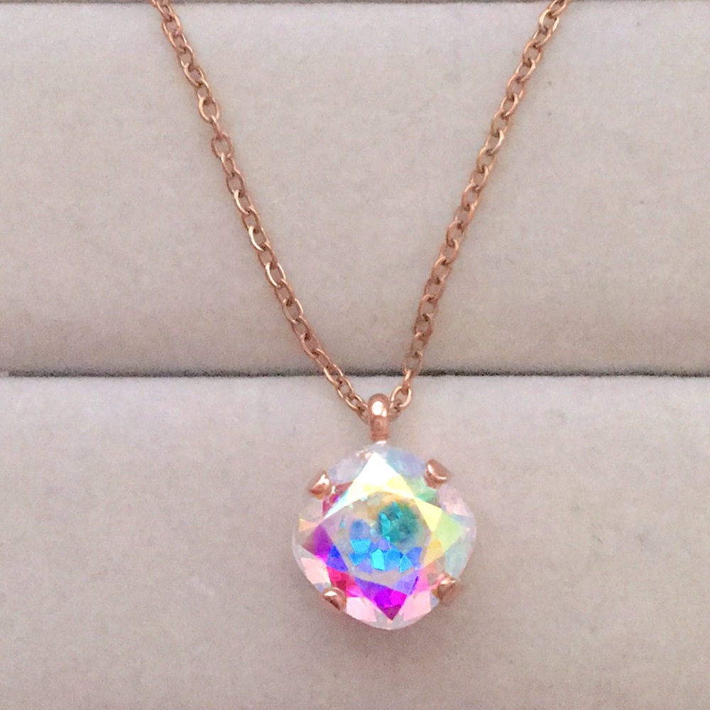 Aurora Borealis + Rose Gold Cushion Cut Crystal Drop Pendant Necklace - Picture 10 of 10